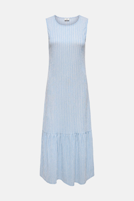 Robe sans manches à rayures bleues et blanches de JDY avec tissu texturé et volants en bas, vue arrière.