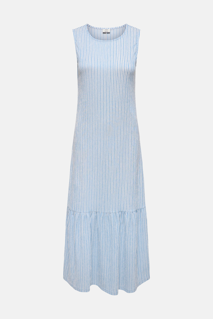 Robe sans manches à rayures bleues et blanches de JDY avec tissu texturé et volants en bas, vue arrière.