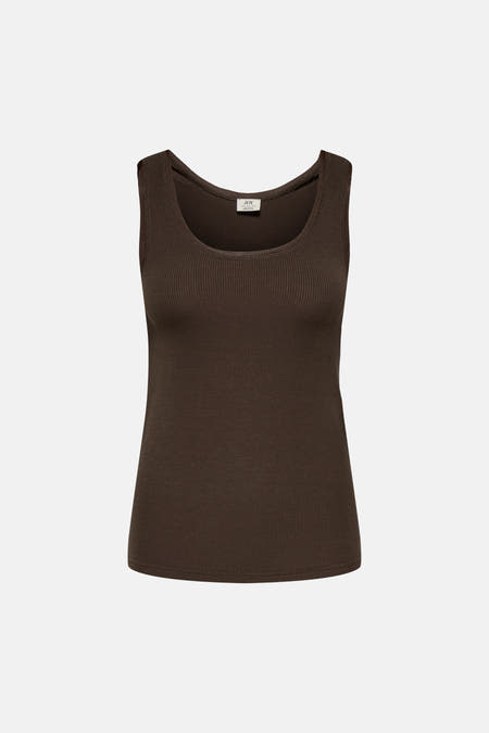 Bruine mouwloze top van ribstof van JDY, ronde hals, strak model, front view