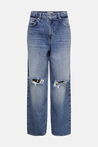 Straight jeans van blauw denim van ONLY, met gaten op de knieën en een rechte pasvorm.