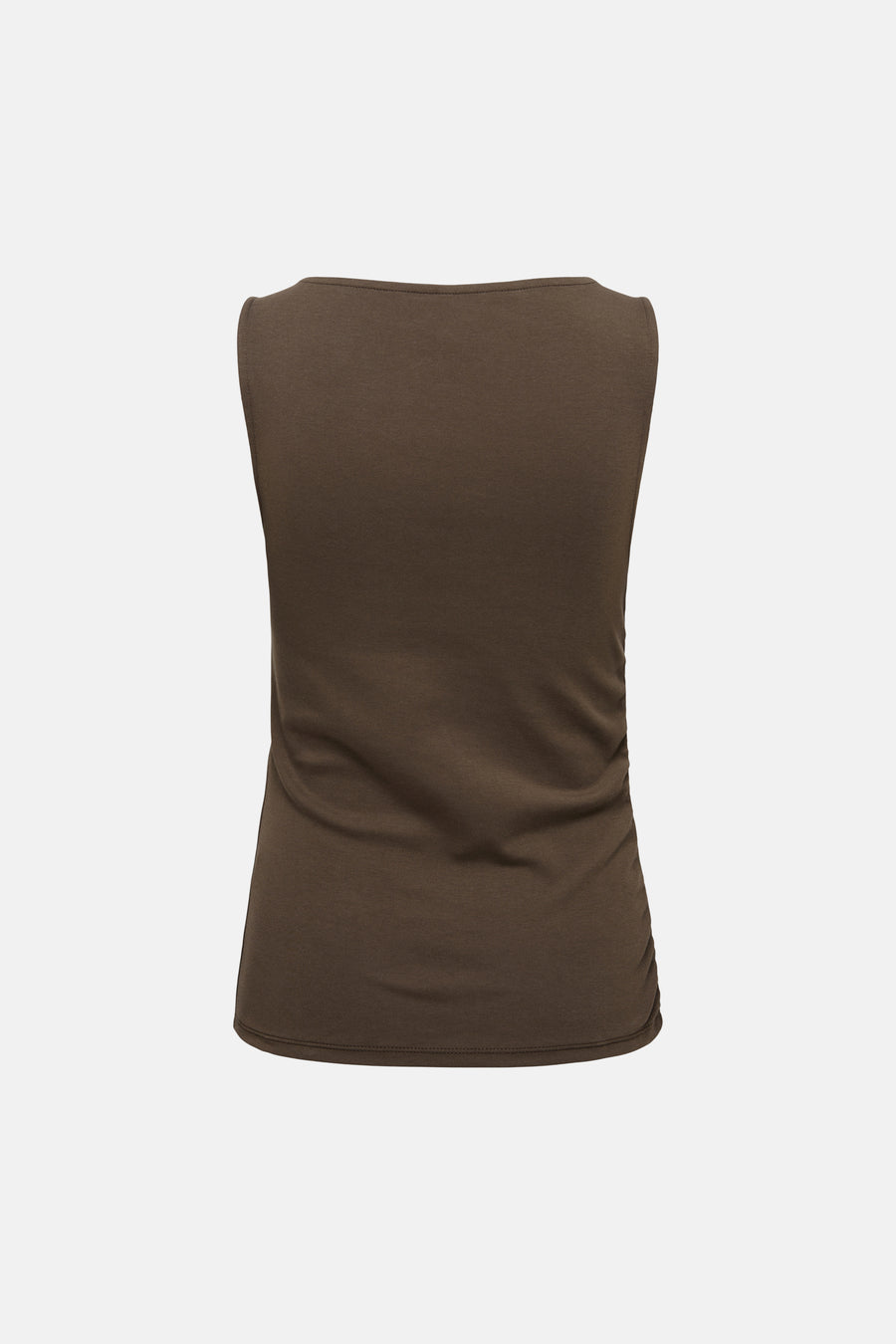 Haut marron sans manches de ONLY, avec des fronces sur les côtés et un décolleté droit, dos.