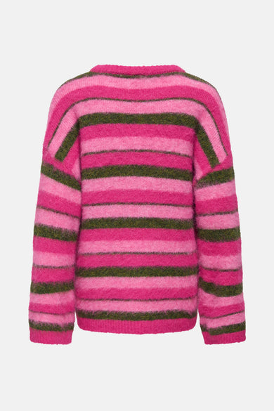Roze trui met ronde hals van ONLY, met gestreept patroon in roze en groen.
