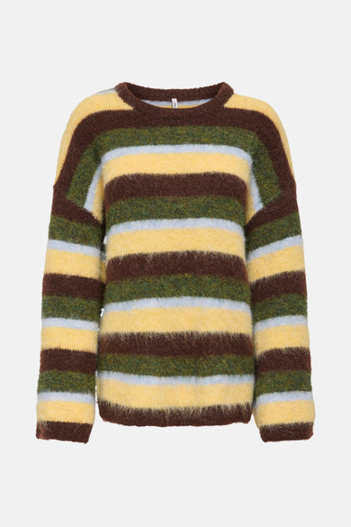 Sweat-shirt multicolore avec col rond de ONLY, avec des rayures horizontales en jaune, marron, vert et bleu.