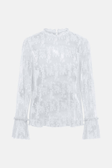 Blouse blanche à longues manches ONLY, avec imprimé floral et volants aux poignets.
