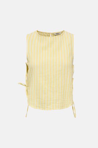Chemisier sans manches jaune de ONLY® avec de légères rayures verticales, un col rond et des détails de nœud sur les côtés.