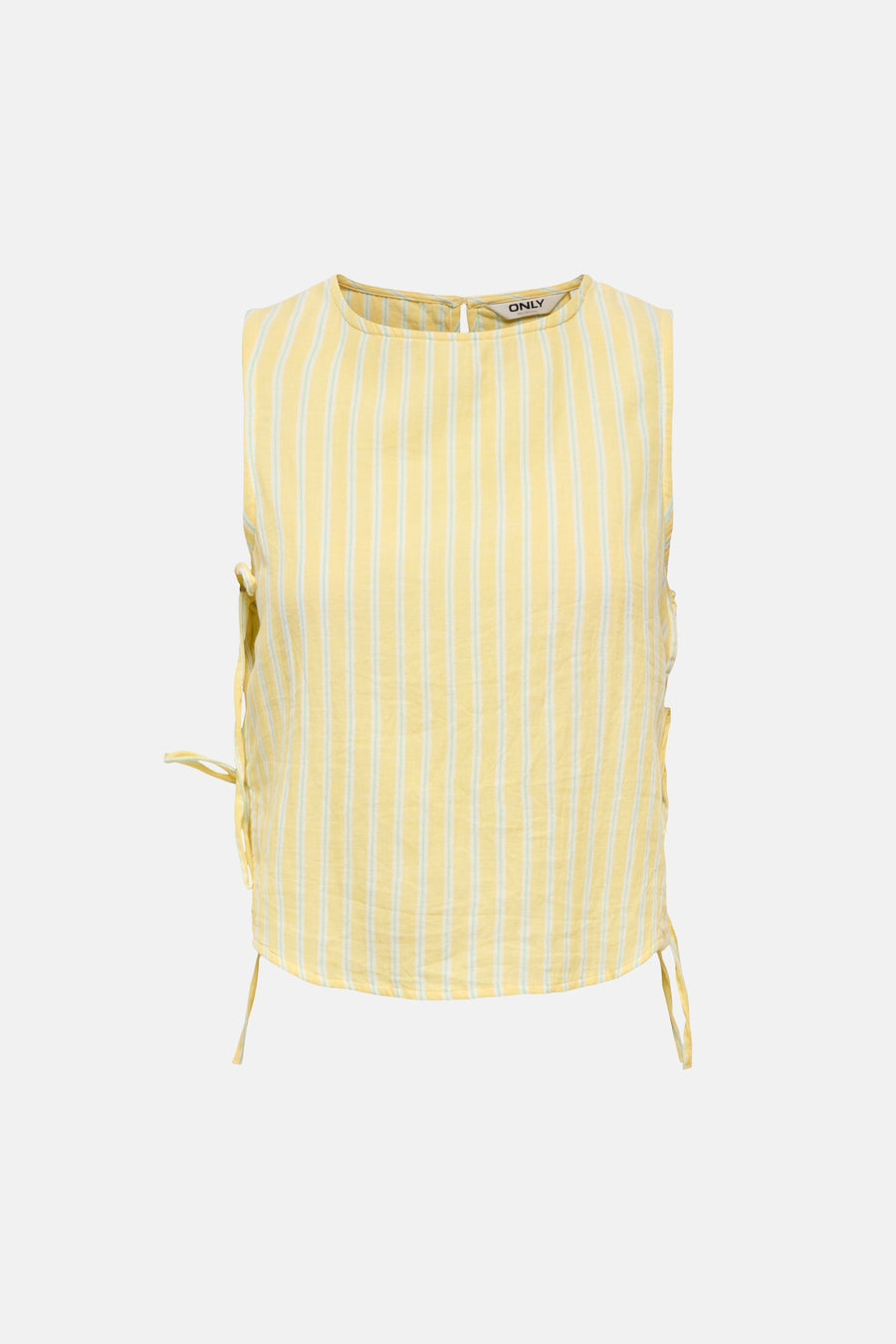 Chemisier sans manches jaune de ONLY® avec de légères rayures verticales, un col rond et des détails de nœud sur les côtés.