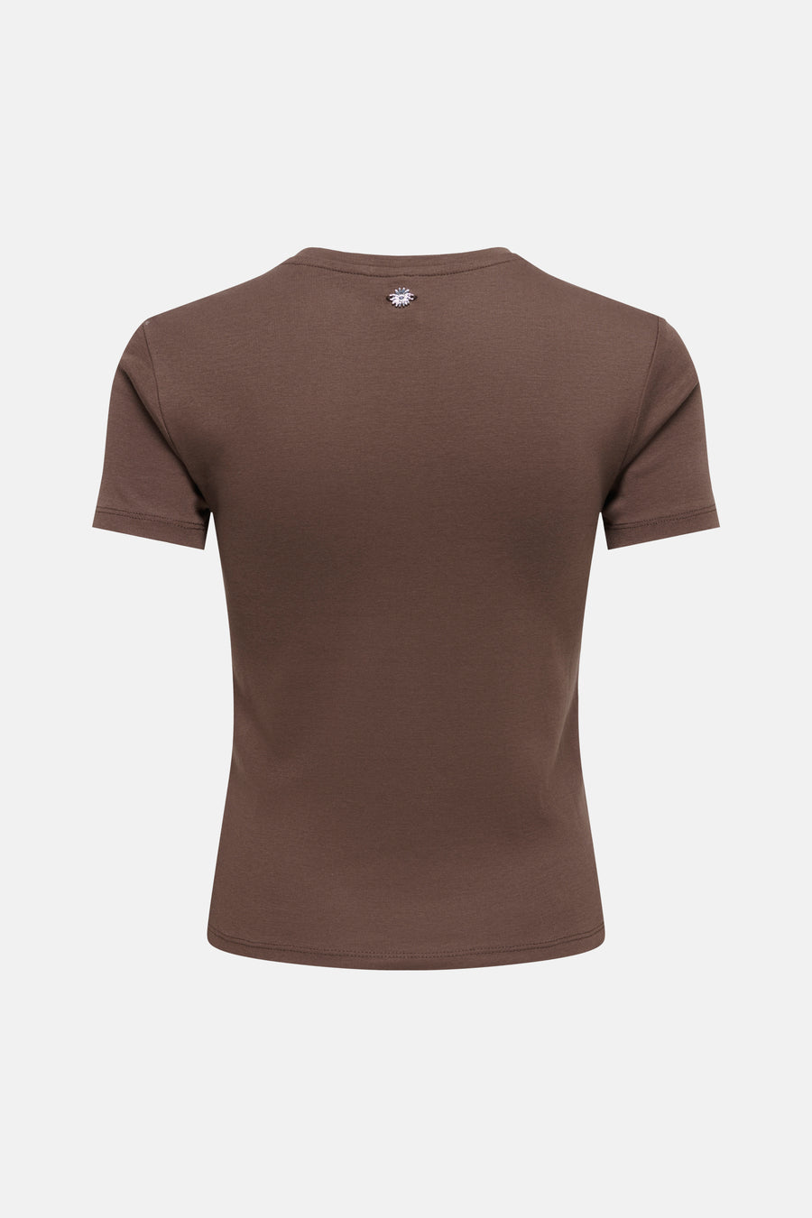 Bruine korte mouwen t-shirt van ONLY® met klein zilverkleurig logo op de rug, strakke pasvorm, achterkant weergegeven