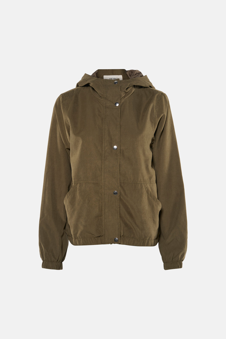 Veste verte de JDY, avec une capuche, une coupe courte et des détails élastiques à l'ourlet et aux poignets.