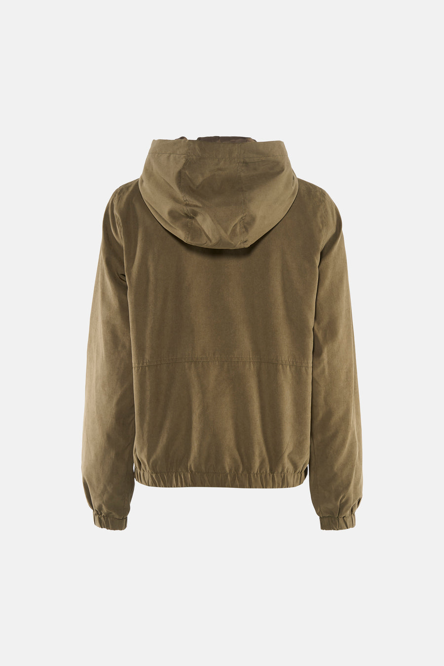 Groene jas van JDY, met een capuchon, korte lengte en elastische details aan de onderkant en manchetten.