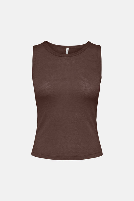 Bruine tanktop van ONLY® met ronde hals en fijne ribstructuur, vooraanzicht