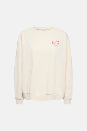 Pull beige de ONLY® avec col rond et motif sardine brodé sur la poitrine.