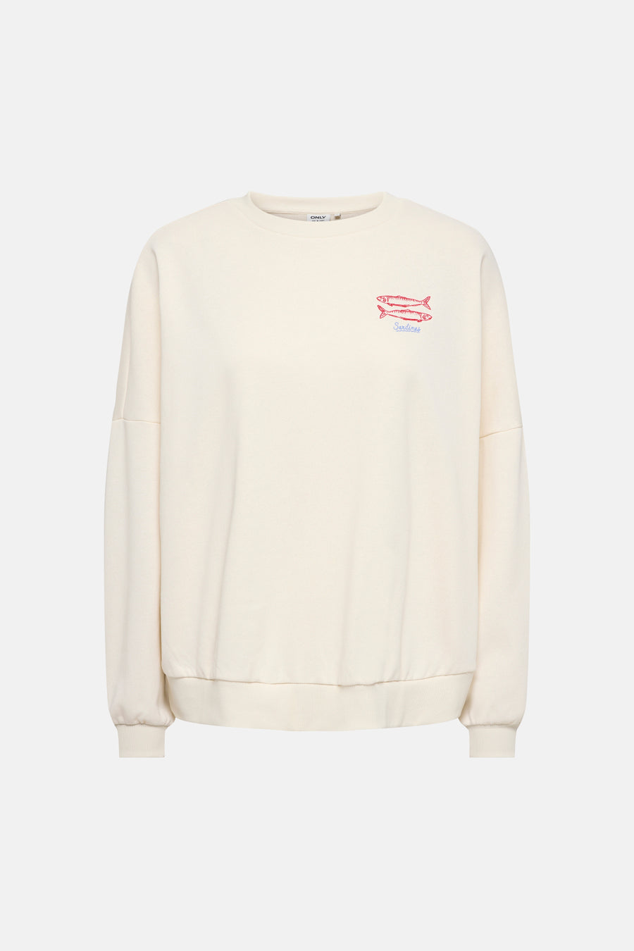 Pull beige de ONLY® avec col rond et motif sardine brodé sur la poitrine.