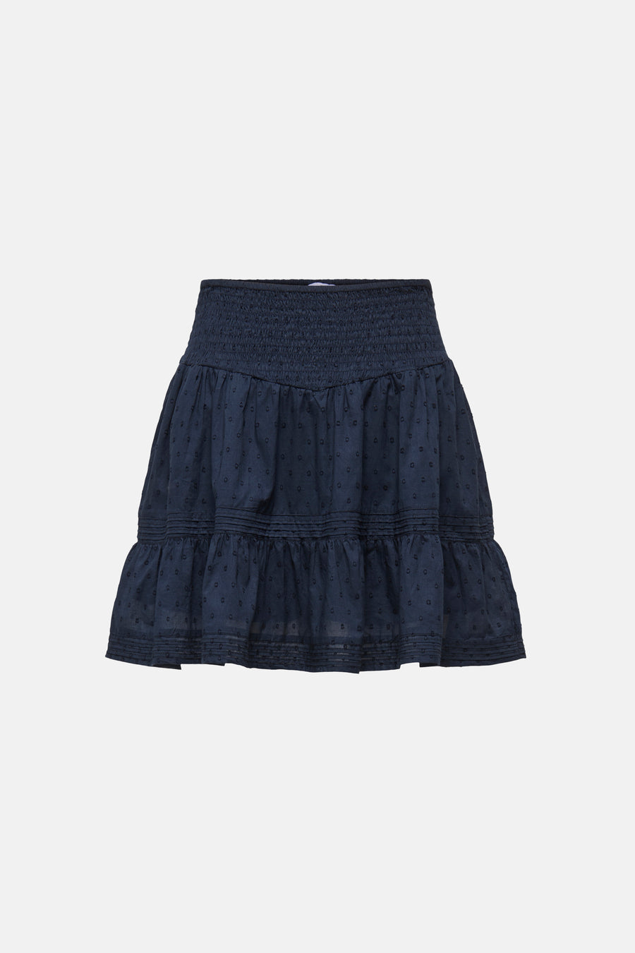 Jupe courte bleue ONLY® avec taille smockée, détails en crochet et ourlet à volants.