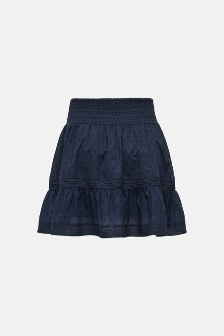 Blauwe korte rok van ONLY® met gesmockte taille, gehaakte puntjes en een volant zoom.