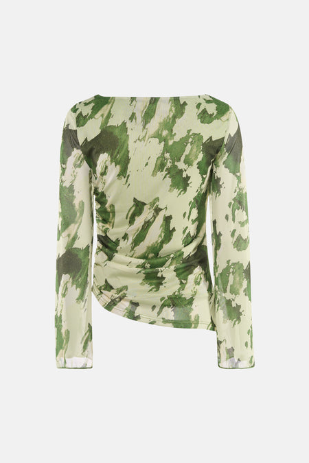 T-shirt à manches longues vert de JDY, avec motif camouflage et détail drapé sur le côté.