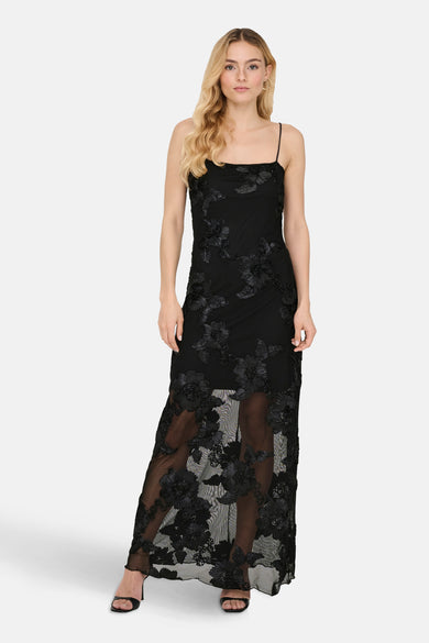 Robe sans manches noire de JDY, avec des fleurs brodées et une jupe transparente.