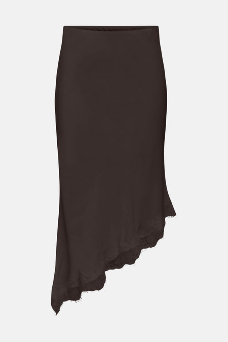Jupe 3/4 marron ONLY® en tissu brillant avec ourlet asymétrique et détails en dentelle.