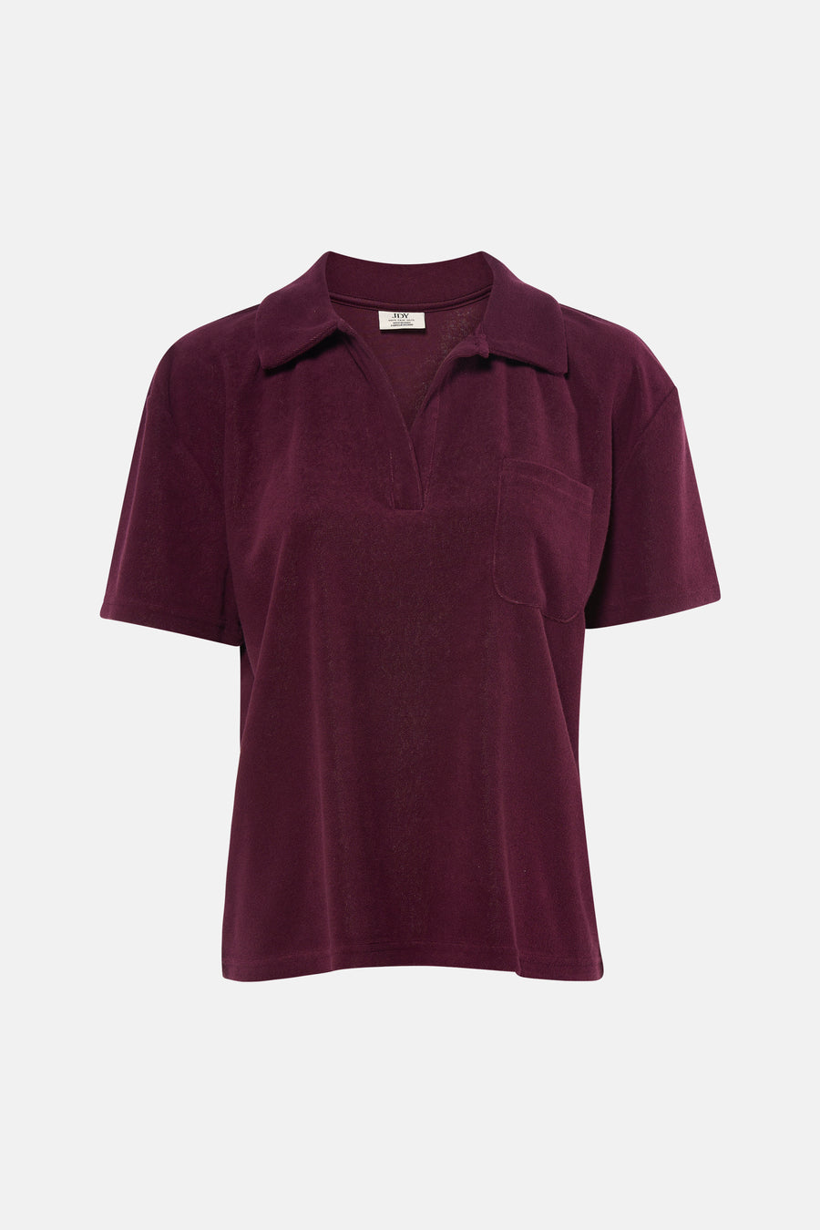 Polo violet à manches courtes de JDY, en tissu éponge, avec col, col en V et poche poitrine.