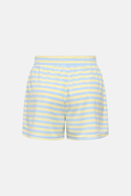 Short multicolore de JDY avec une texture douce et des rayures horizontales bleues et jaunes.