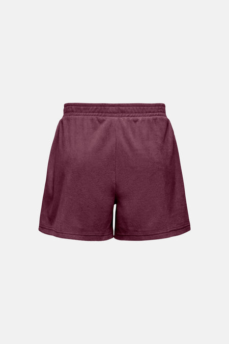 Short Bordeaux de JDY, avec une taille élastique et une texture douce et veloutée.