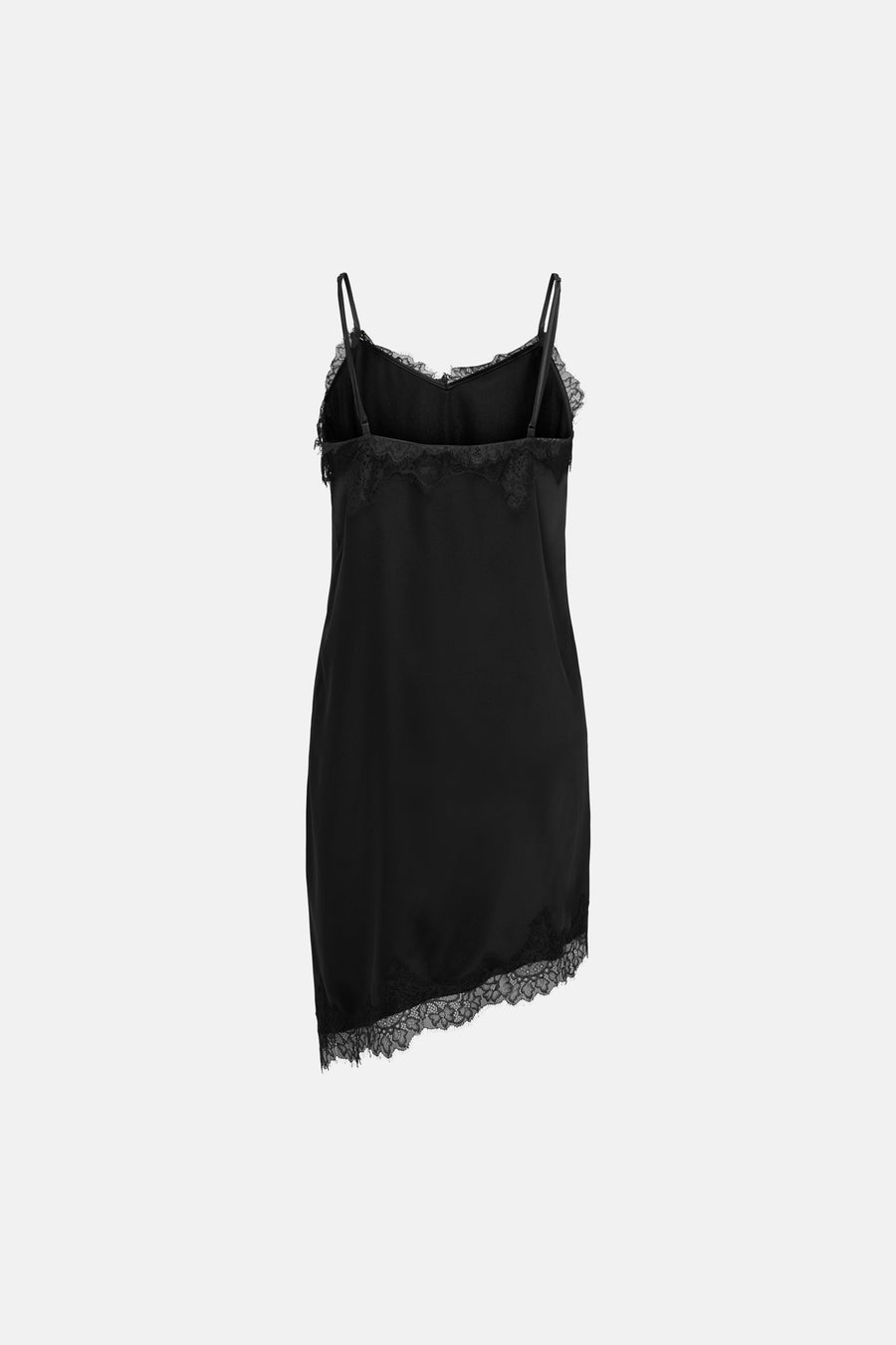 Robe noire sans manches ONLY, avec détails en dentelle à l'encolure et à l'ourlet asymétrique.