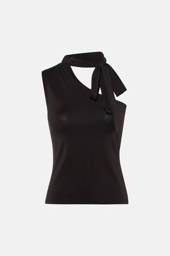 Haut marron de JDY en tissu lisse avec encolure asymétrique et détail de nœud, sans manches.