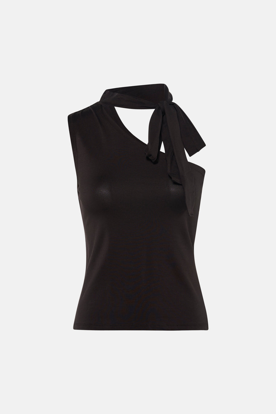 Haut marron de JDY en tissu lisse avec encolure asymétrique et détail de nœud, sans manches.