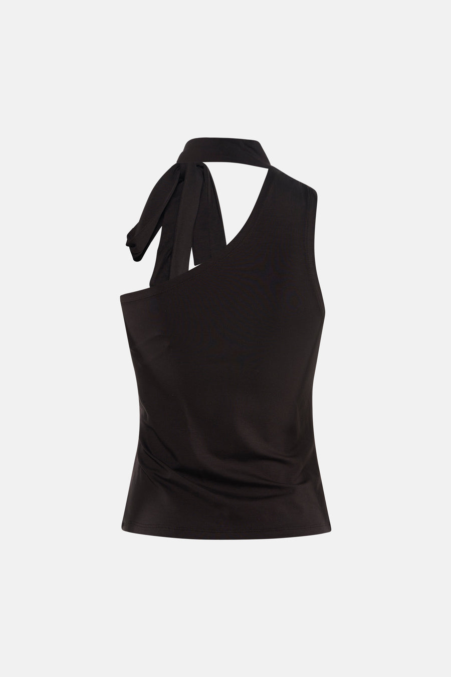 Haut noire sans manches de JDY avec encolure asymétrique et détail de nœud sur l'épaule.