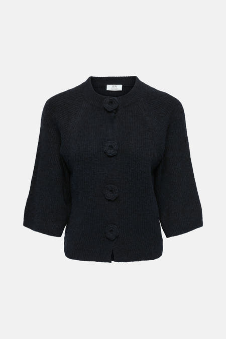 Cardigan bleu marine de JDY, avec des manches trois-quarts et une texture côtelée sur le dos.