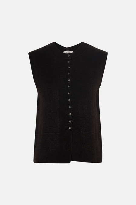 Bruine mouwloze gilet van JDY met ronde hals en zilveren knopen, voorzien van fijne gebreide textuur, front view