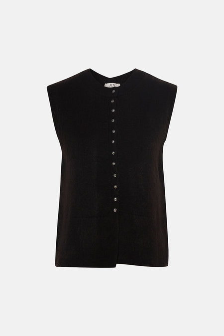 Bruine mouwloze gilet van JDY met ronde hals en zilveren knopen, voorzien van fijne gebreide textuur, front view
