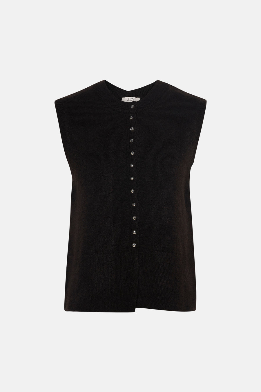 Bruine mouwloze gilet van JDY met ronde hals en zilveren knopen, voorzien van fijne gebreide textuur, front view