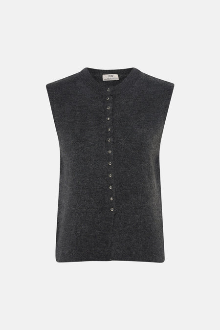 Donkergrijze melange gilet zonder mouwen van JDY, met ronde hals en knopen voor, fijn gebreid textuur, front view