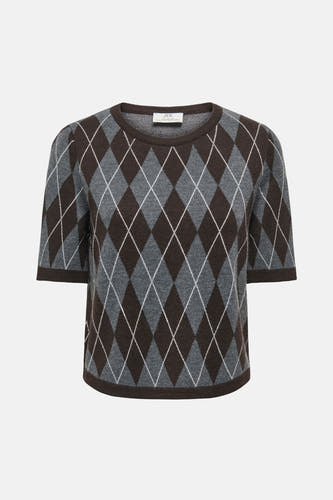 Multikleurige trui met ronde hals van JDY, met een argyle ruitpatroon in bruin, grijs en wit.