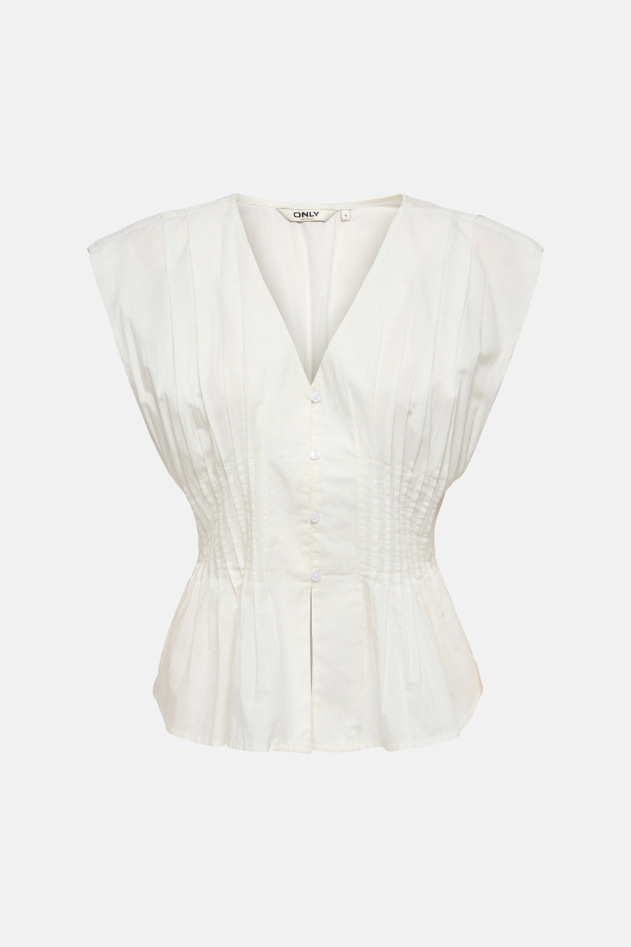 Witte mouwloze blouse van ONLY® met V-hals, knoopsluiting en plooien op de voorkant.