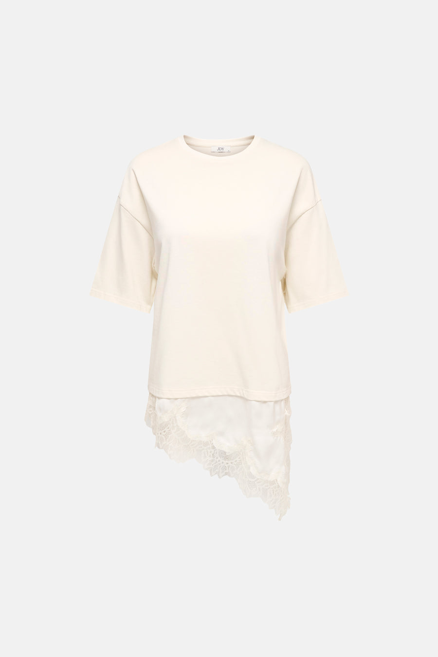 T-shirt beige à manches courtes de JDY, avec des détails de bords asymétriques sur le bas.