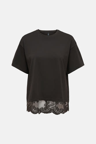 Donkere korte mouw t-shirt van ONLY® met kantzoom aan de onderkant, front view