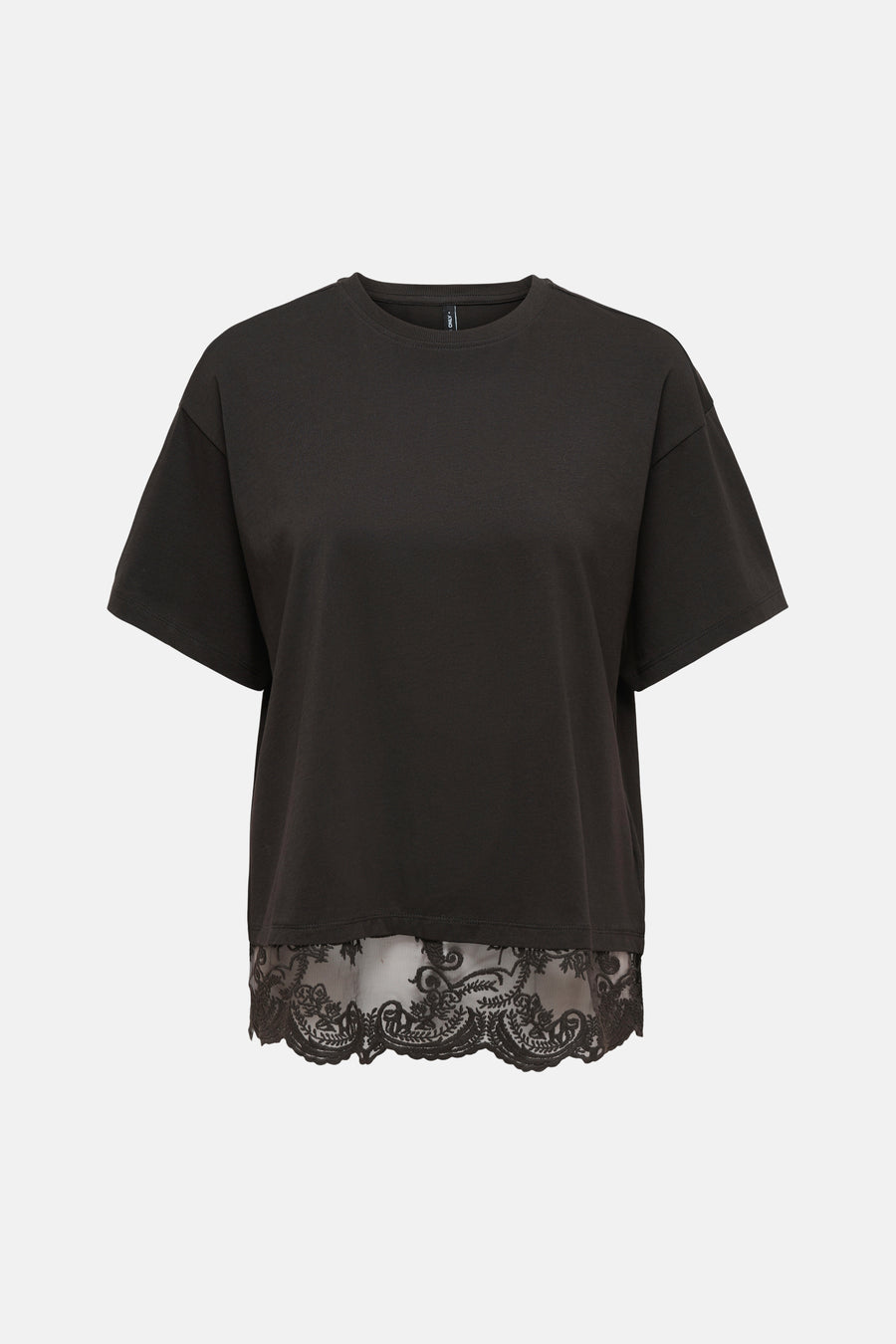 Donkere korte mouw t-shirt van ONLY® met kantzoom aan de onderkant, front view