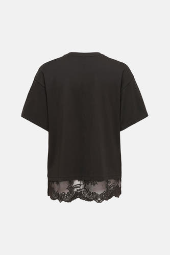 Zwart korte mouwen T-shirt van ONLY® met geborduurde kantzoom aan de onderkant, achterzijde weergegeven