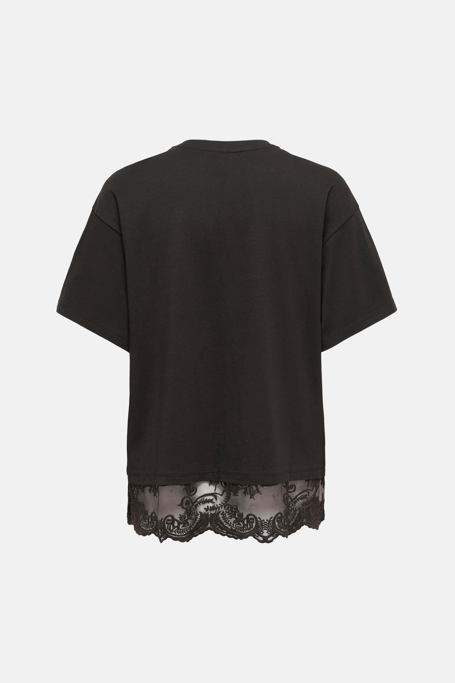 Zwart korte mouwen T-shirt van ONLY® met geborduurde kantzoom aan de onderkant, achterzijde weergegeven