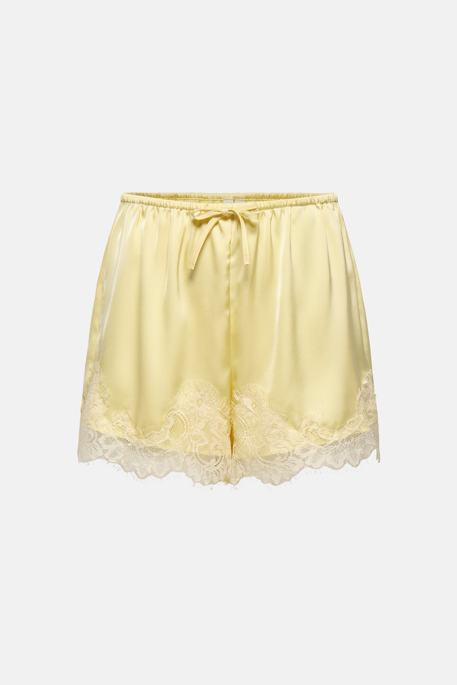 Short jaune élastique ONLY® avec tissu brillant, bordure en dentelle et détail de nœud.