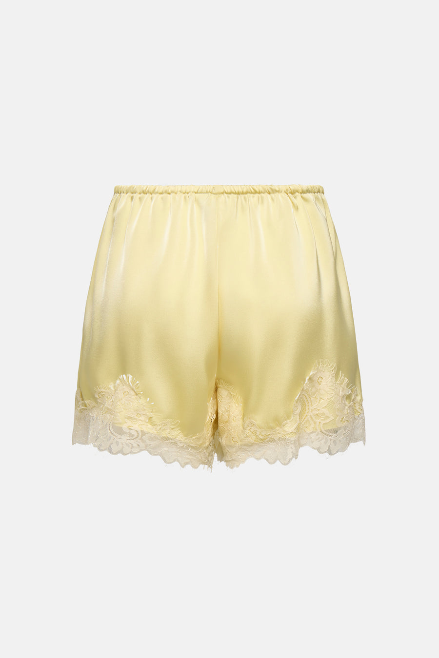 Short jaune élastique ONLY® avec aspect satiné et ourlet en dentelle crème, dos.
