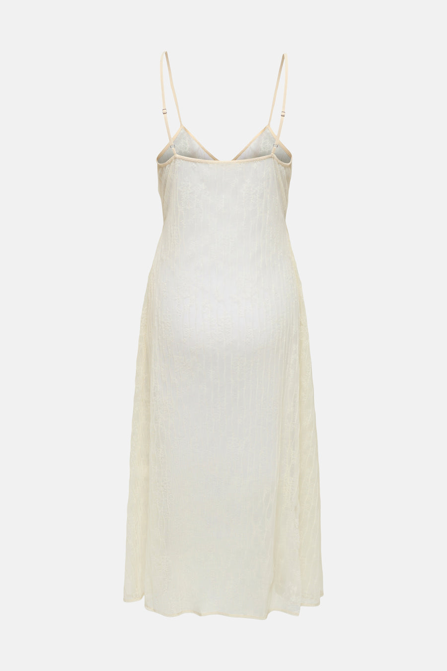 Robe sans manches écru d'ONLY avec motif en dentelle délicat et fines bretelles réglables, vue de dos.