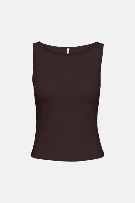 Haut sans manches marron d'ONLY® avec col rond et une petite étiquette dans le cou.