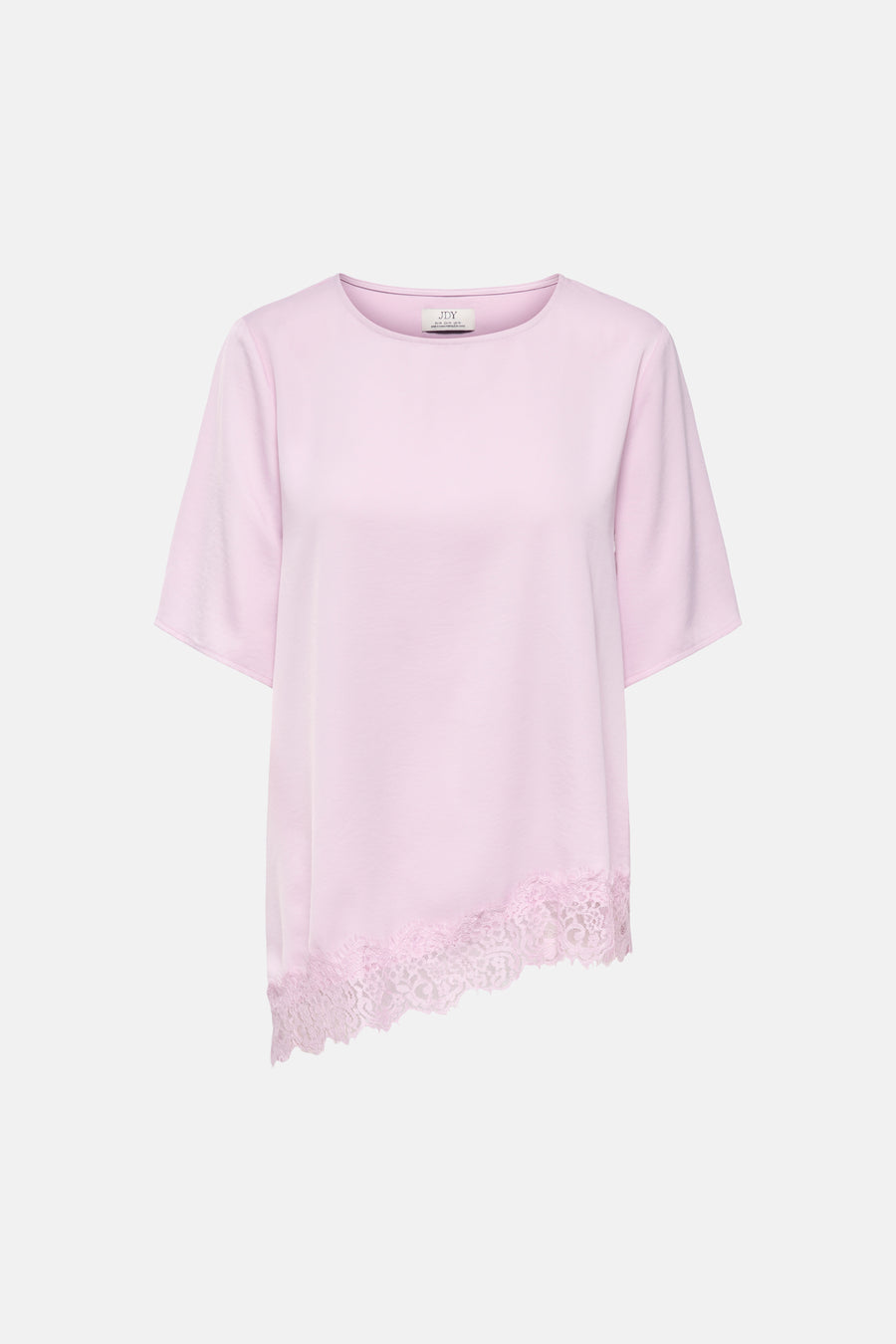 T-shirt rose de JDY à manches courtes, col rond et ourlet asymétrique avec détail en dentelle.