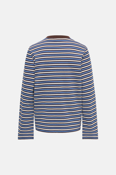 Lang mouw T-shirt met blauwe, bruine en crèmekleurige strepen van ONLY®, achterkant weergegeven, ronde hals, gestreept patroon