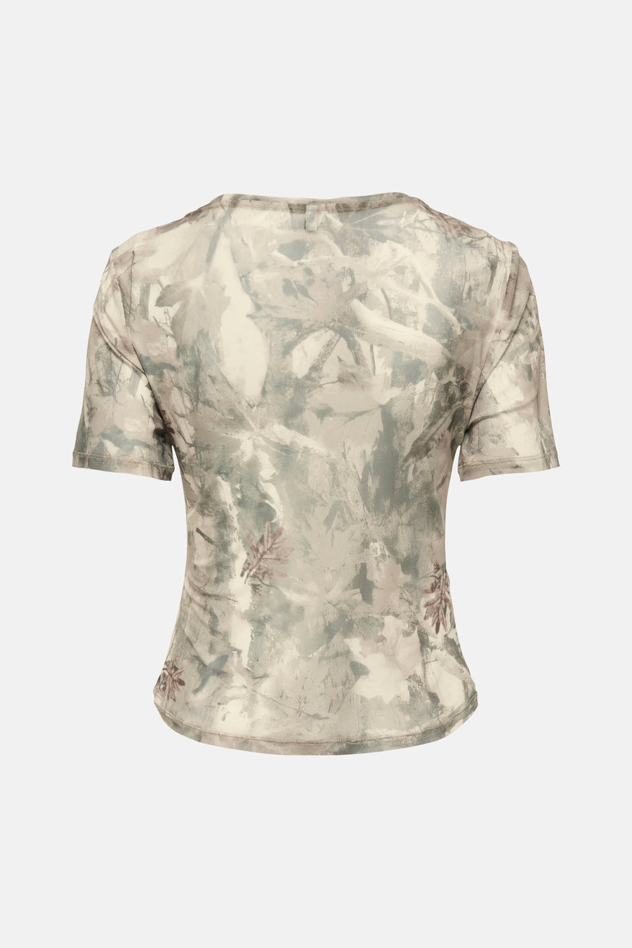 Groene korte mouwen t-shirt van ONLY® met subtiele bladerenprint, achterkant weergegeven in lichte tinten.