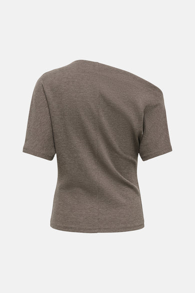 Bruine korte mouw t-shirt van ONLY® met ribstructuur, achterzijde weergegeven, eenvoudig en comfortabel design