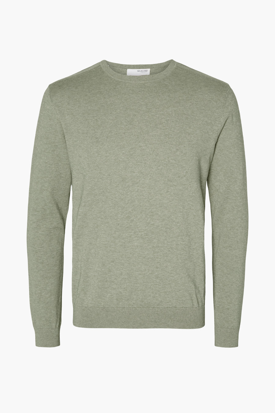 Pull vert avec col rond de SELECTED, uni et en fine maille côtelée.