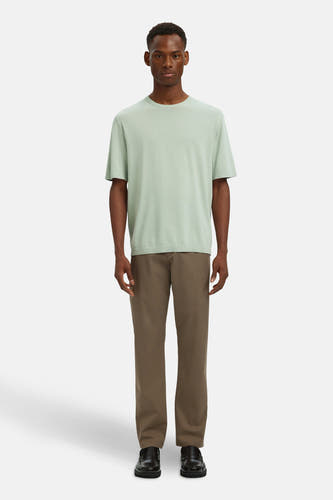 Pantalon de costume brun de SELECTED, vu de l'arrière, avec des chaussures brunes et un T-shirt vert clair.